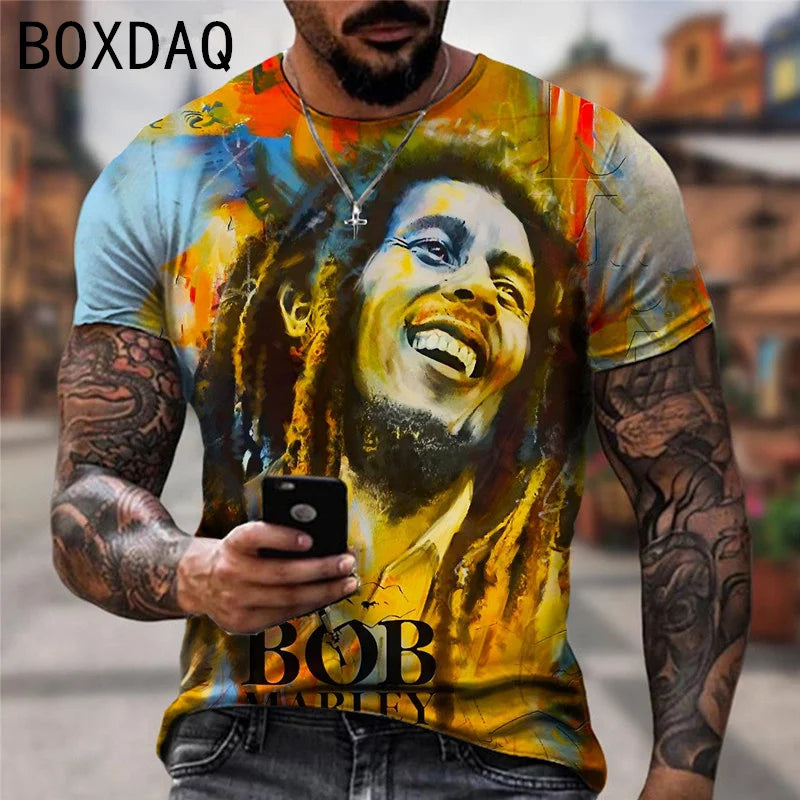 Oversized Men's T-shirt Cool Rock Bob Marley Print Tops Summer O-neck Short Sleeve Street Hip-hop Shirt Personality Men Clothing