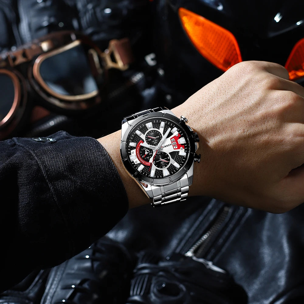 CURREN Sports Big Dial Men's Chronograph Watch with Matte Stainless Steel Band Luminous Hands Casual Quartz Wristwatch 8401