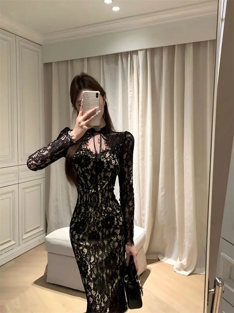 Lace Elegance Maxi Dress – Slim-Fit Long Sleeve Slit Dress for Women
