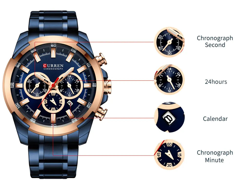 CURREN Men's Chronograph Watch 48mm Big Dial with Stainless Steel Band Triple Sub- Dials Luxury Quartz Sport Wristwatch