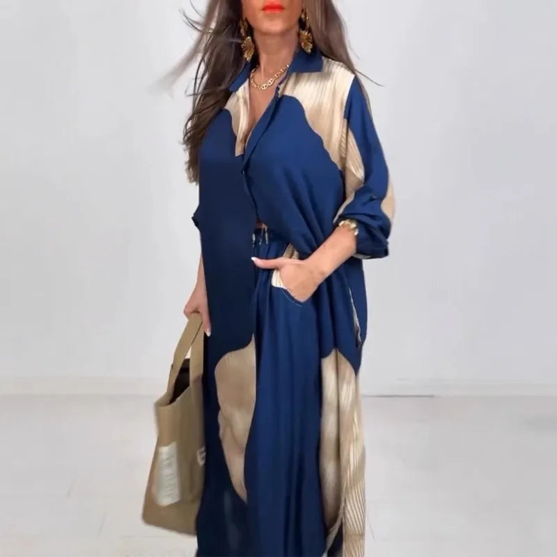 Chic Printed Shirt & Wide Leg Pants Set – Casual Two-Piece Outfit for Wome