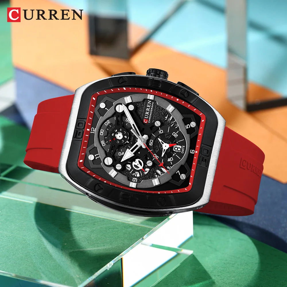 CURREN Men's Chronograph Watch Tonneau Case Design with Sport Silicone Strap Red and Black Quartz Wristwatches for Men