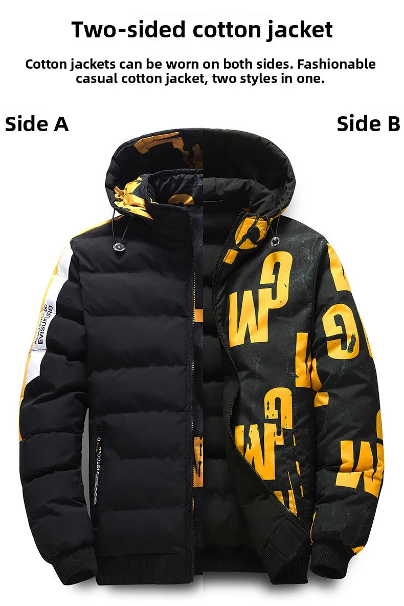 Double-Sided Wear Cotton Jacket for Men Youth Winter Warm Outerwear Hooded Thickened Rabbit Fur Lining Casual Suit