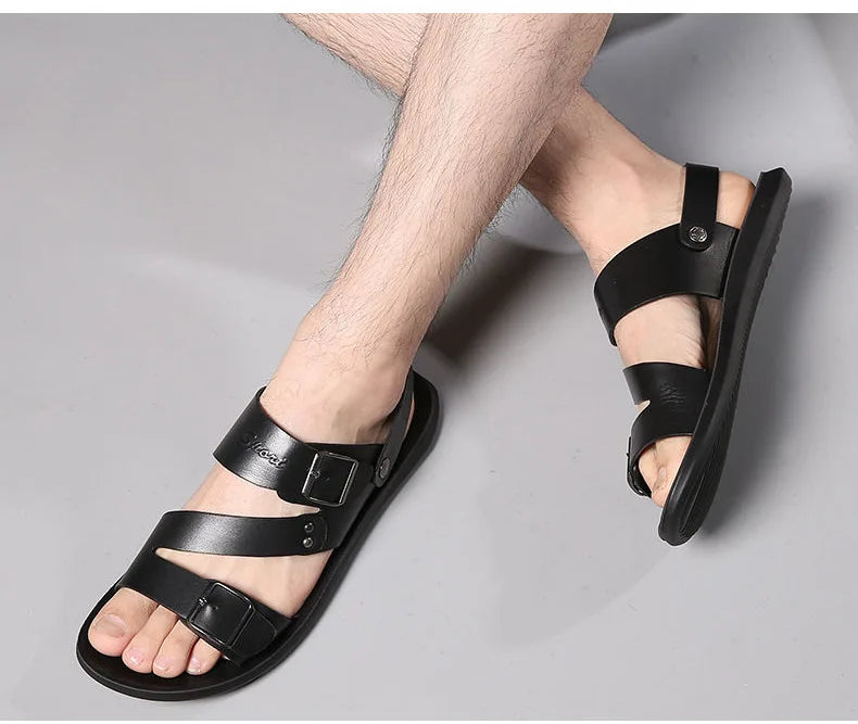 Fashion Sandals Male Solid Color PU Leather Men Shoes Summer Comfortable Open Toe Leather Mens Sandals Beach Leather Footwear