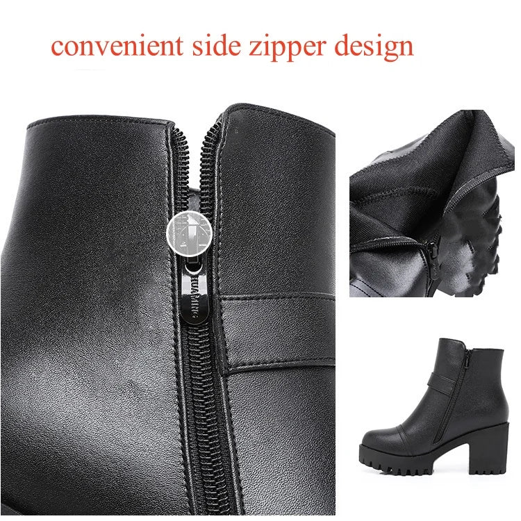 8cm Small Size 32-43 Thick Bottom Motorcycle Boots Women Shoes Winter 2026 Block High Heels Soft Leather Ankle Boots Office Mom