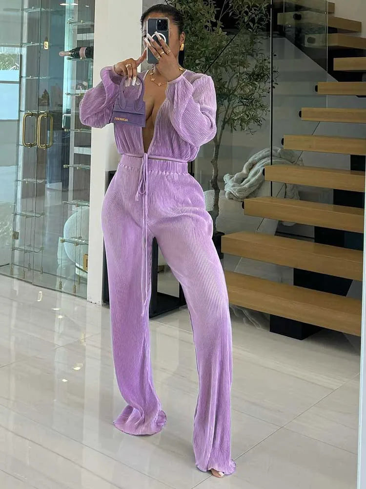 Elegant Draped Lounge Set – 2-Piece V-Neck Top & Elastic Waist Pants Outfit for Women