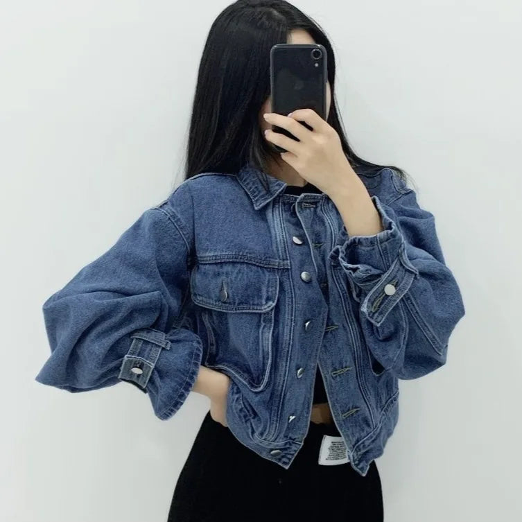Women Denim Coat Short Jackets Turn Down Collar Full Sleeve Solid Casual Loose Single Breasted Coats Jacket Autumn Winter
