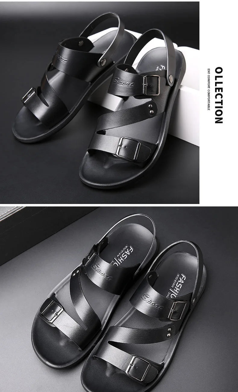 Fashion Sandals Male Solid Color PU Leather Men Shoes Summer Comfortable Open Toe Leather Mens Sandals Beach Leather Footwear