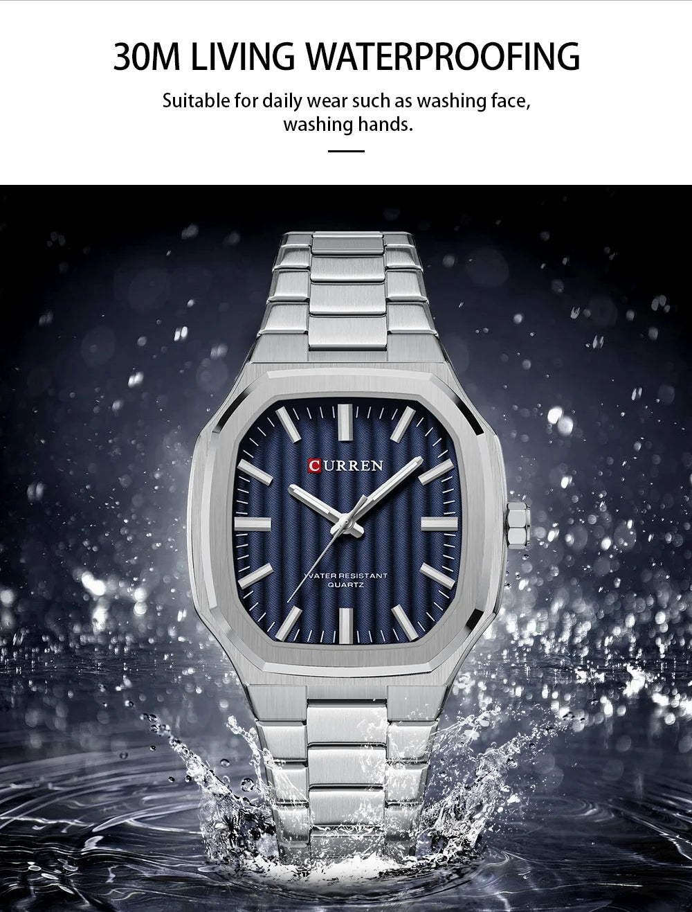 CURREN Luxury Business Square Quartz Watches  Classic Stripe Design Dial with Stainless Steel Band Wristwatch for Men