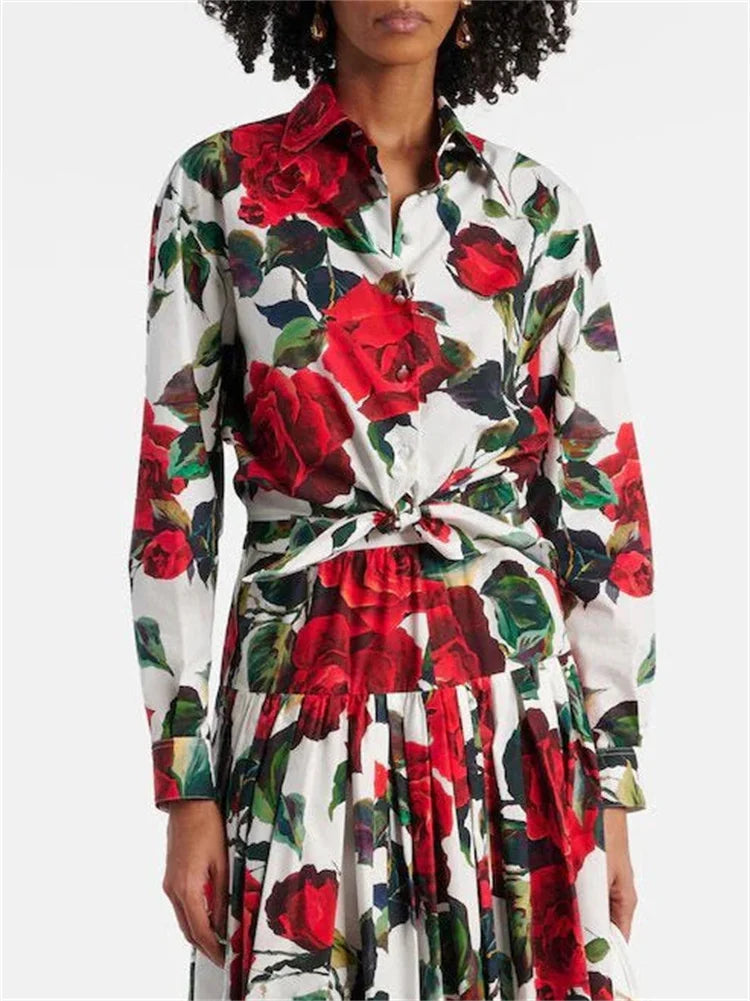 Rose Bloom Luxe Two-Piece Set – Tie-Waist Shirt & Maxi Skirt Outfit for Women