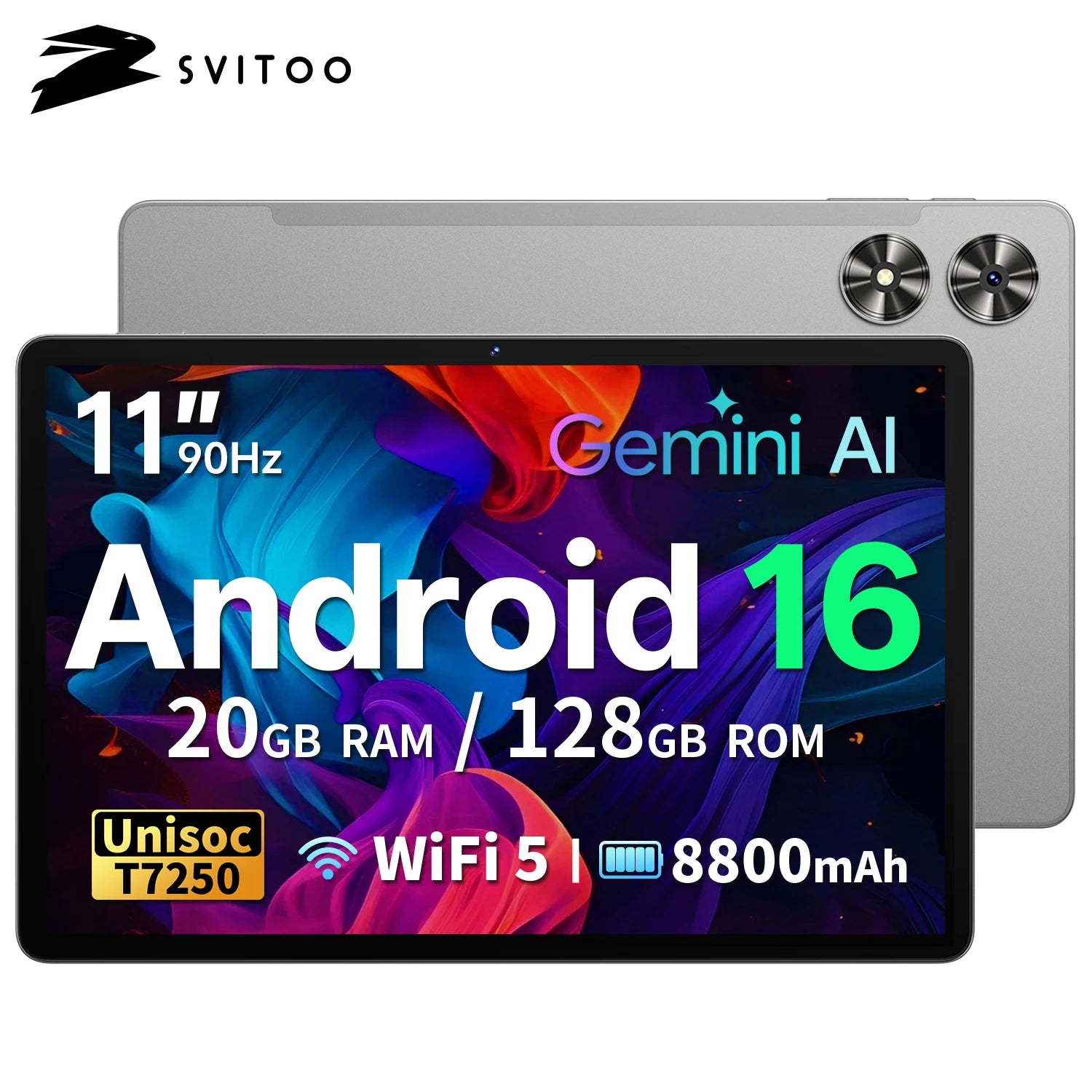 SVITOO Tablet 2026 Android 16 11 Inch 90Hz HD IPS Screen Unisoc T7250 Octa-Core Processor 20GB RAM 128GB ROM Support 1TB TF (MicroSD) Card Expandable 8800mAh Battery 2.4GHz 5GHz Dual Band WiFi 5 Bluetooth 5.0 GPS Widevine L1