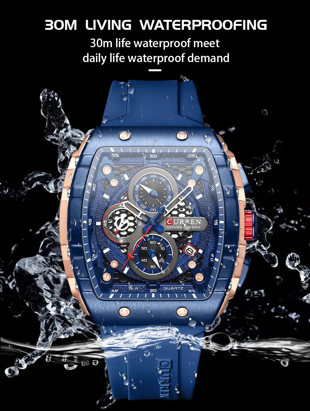 CURREN Fashion Sports Watches with Large Dial Unique RectangularHollow Design Quartz Wristwatches with Chrongraph Auto Date 8442