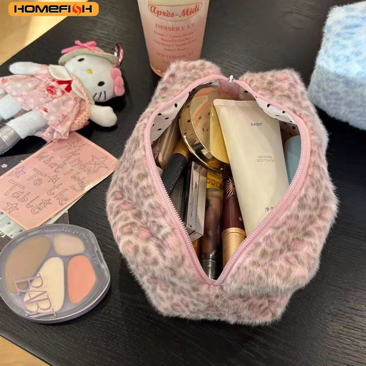 Durable Fuzzy Makeup Bag Large Capacity Leopard Print Toiletry Organizer Portable Cosmetic Bag Girls Travel Storage
