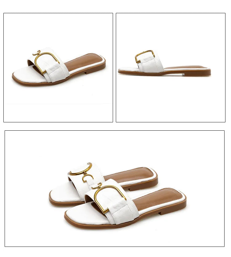 Women's Flat Slippers Summer Leather Square Toe Women Flats Flip Flops Designer Ladies Slides Sandals Women Shoes Luxury Sandals