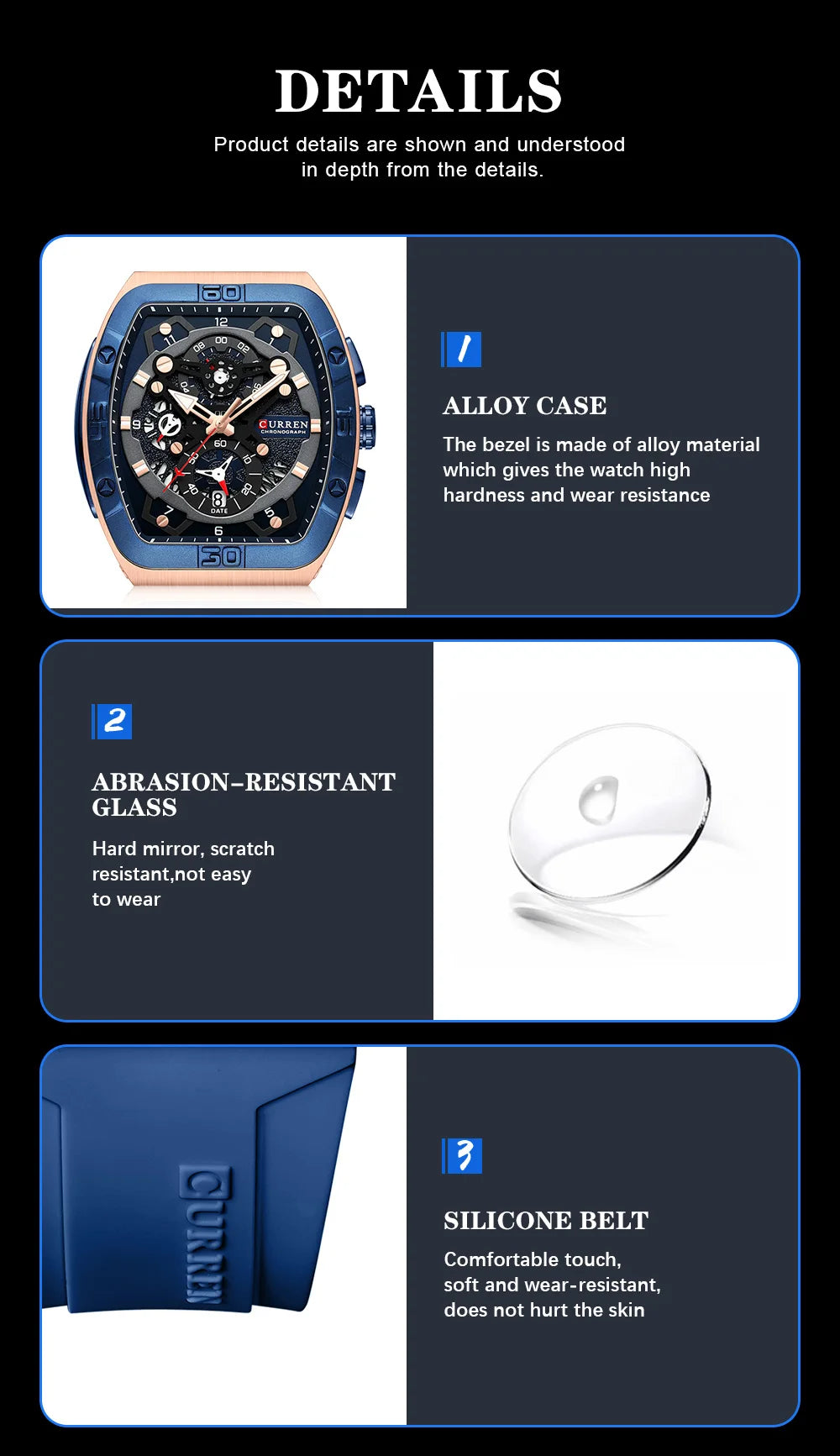 CURREN Men's Chronograph Watch Tonneau Case Design with Sport Silicone Strap Red and Black Quartz Wristwatches for Men