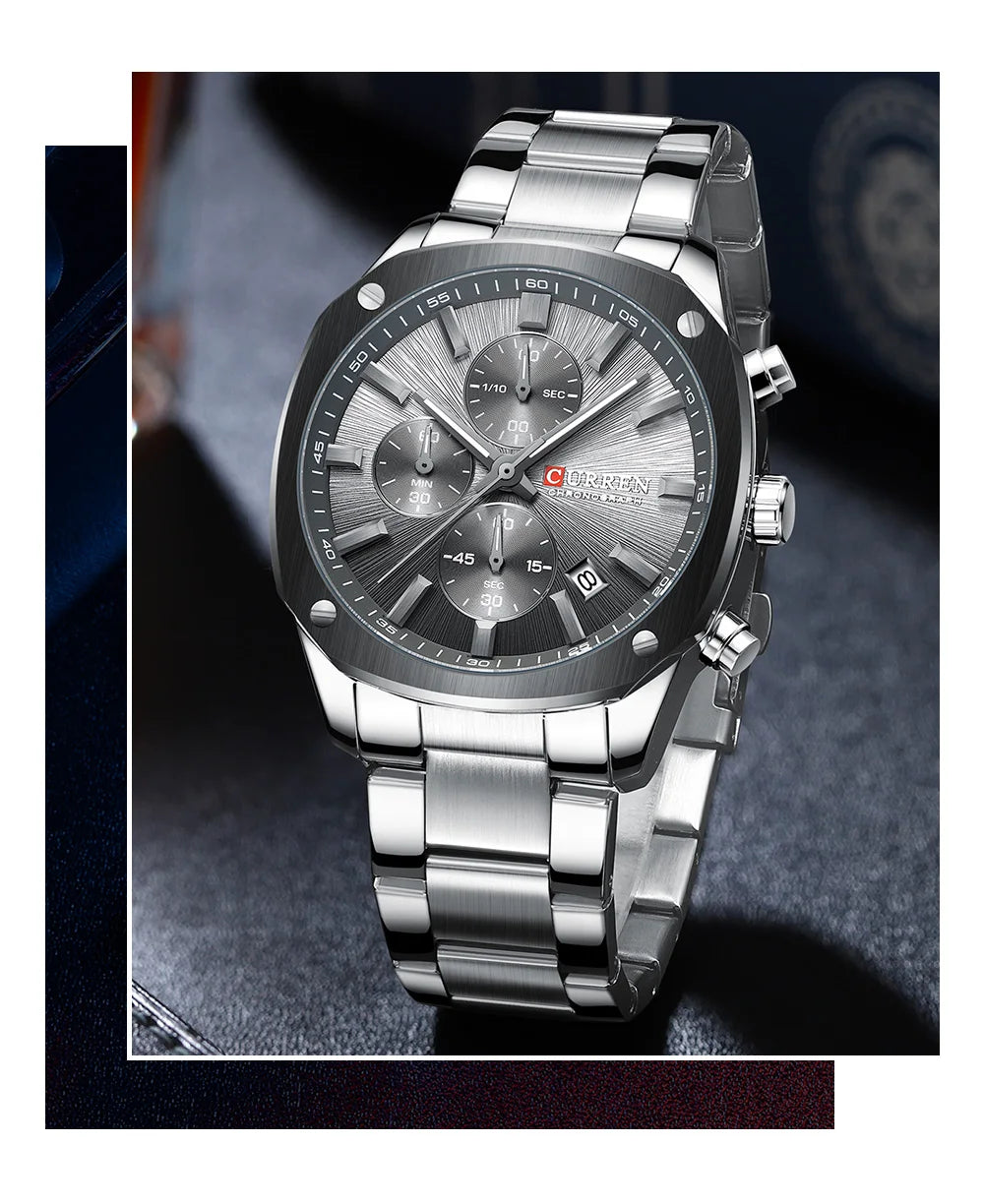 CURREN Modern Men's 42mm Sport Watch - Stainless Steel Band Chronograph & Date,Glow-in-the-Dark Hands, Casual Quartz Wristwatch