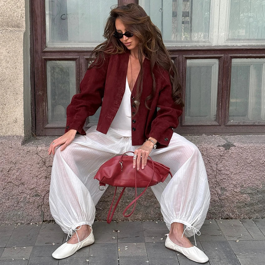 Linad Street Loose White Bloomers Pants Women Summer Elastic Waist Trousers Fashion Lace Up See Through Pants Female 2025 Sexy
