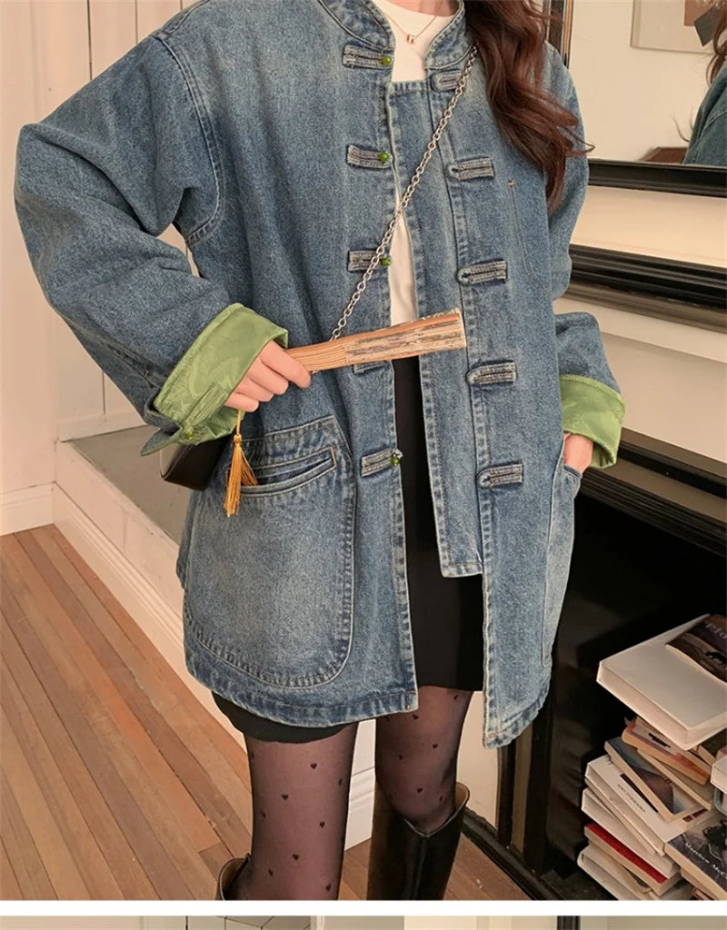 New Chinese Retro Casual Denim Jacket for Women in Spring 2024 Unique Chic Hong Kong Style fat and Slim Cardigan top for Women