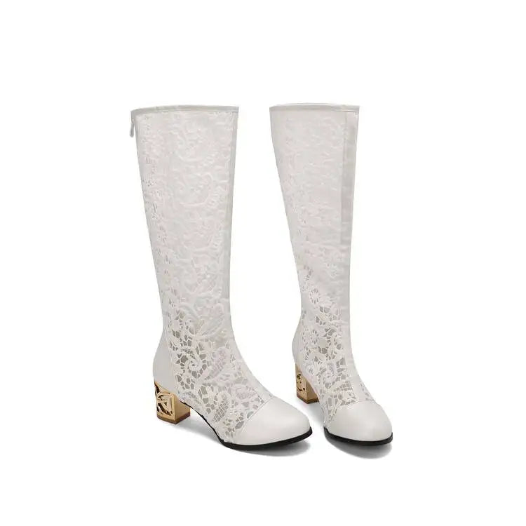 Spring and Autumn New Style Fashion square Heel Mesh Hollow Women's Boots Sweet Breathable knee high boots high 5.5cm size 34-47