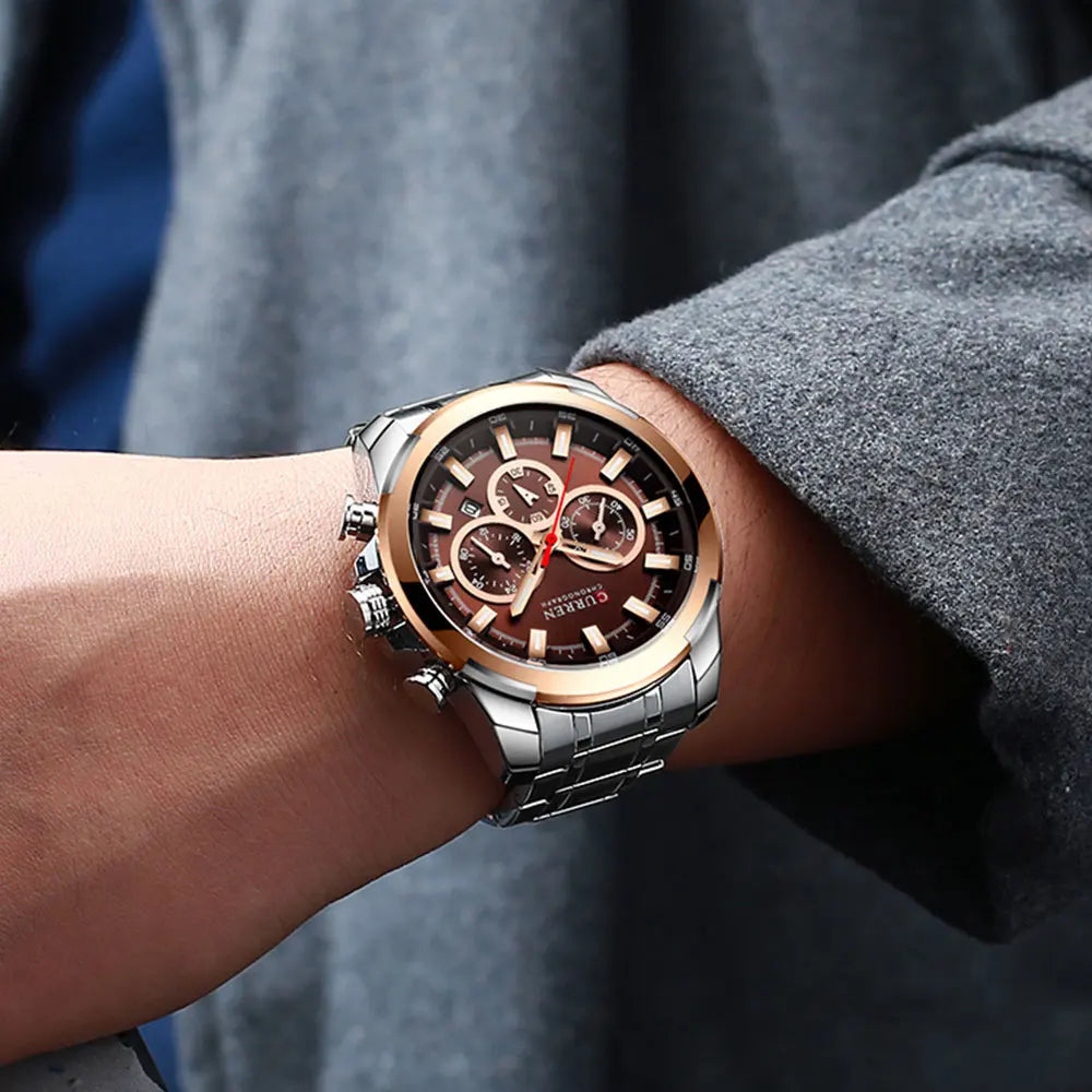 CURREN Men's Chronograph Watch 48mm Big Dial with Stainless Steel Band Triple Sub- Dials Luxury Quartz Sport Wristwatch
