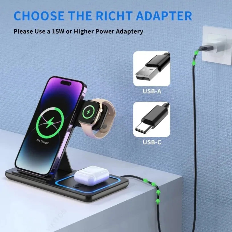 VIKEFON 3 in 1 Foldable Wireless Charging Station for iPhone 17-12 Pro Max iWatch Ultra Airpods Pro Fast Charger Stand Dock