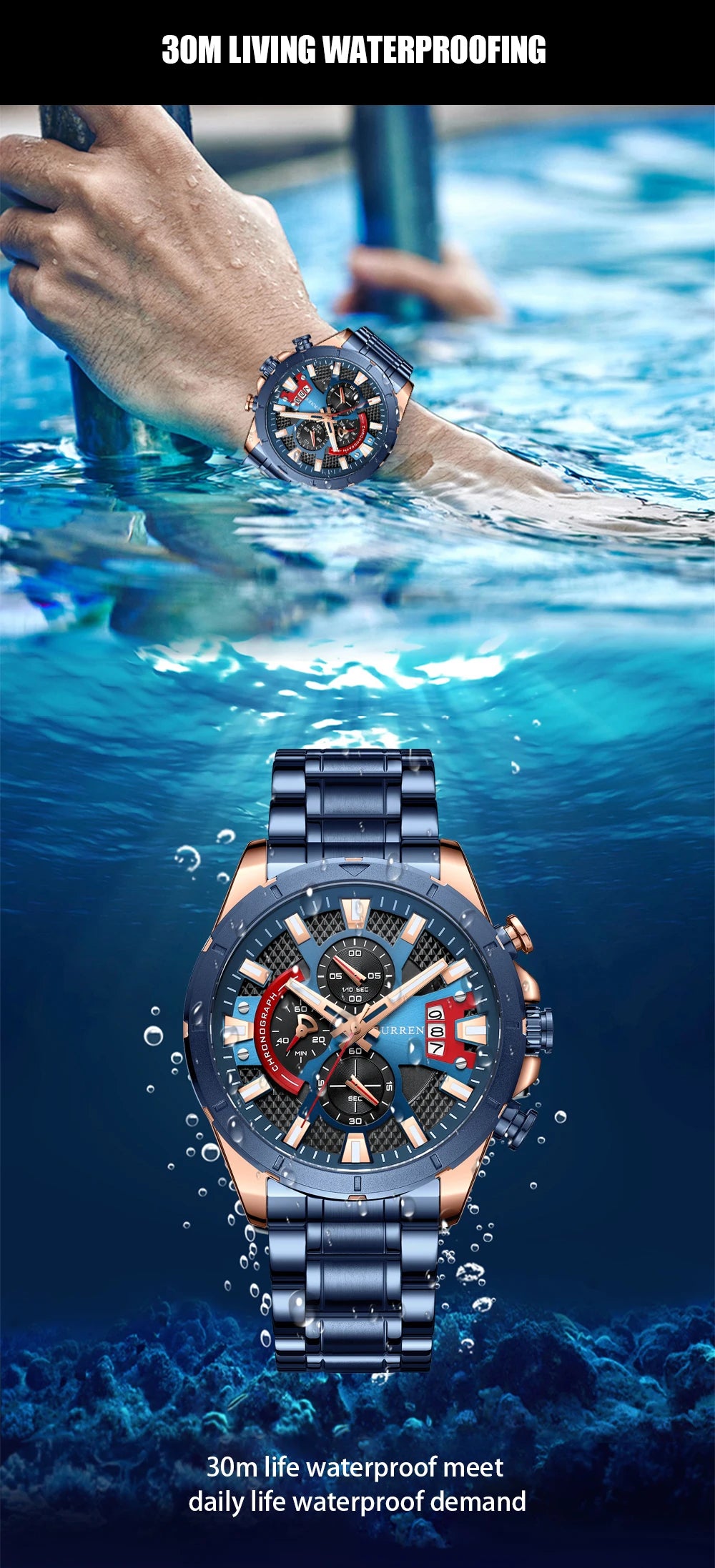 CURREN Sports Big Dial Men's Chronograph Watch with Matte Stainless Steel Band Luminous Hands Casual Quartz Wristwatch 8401