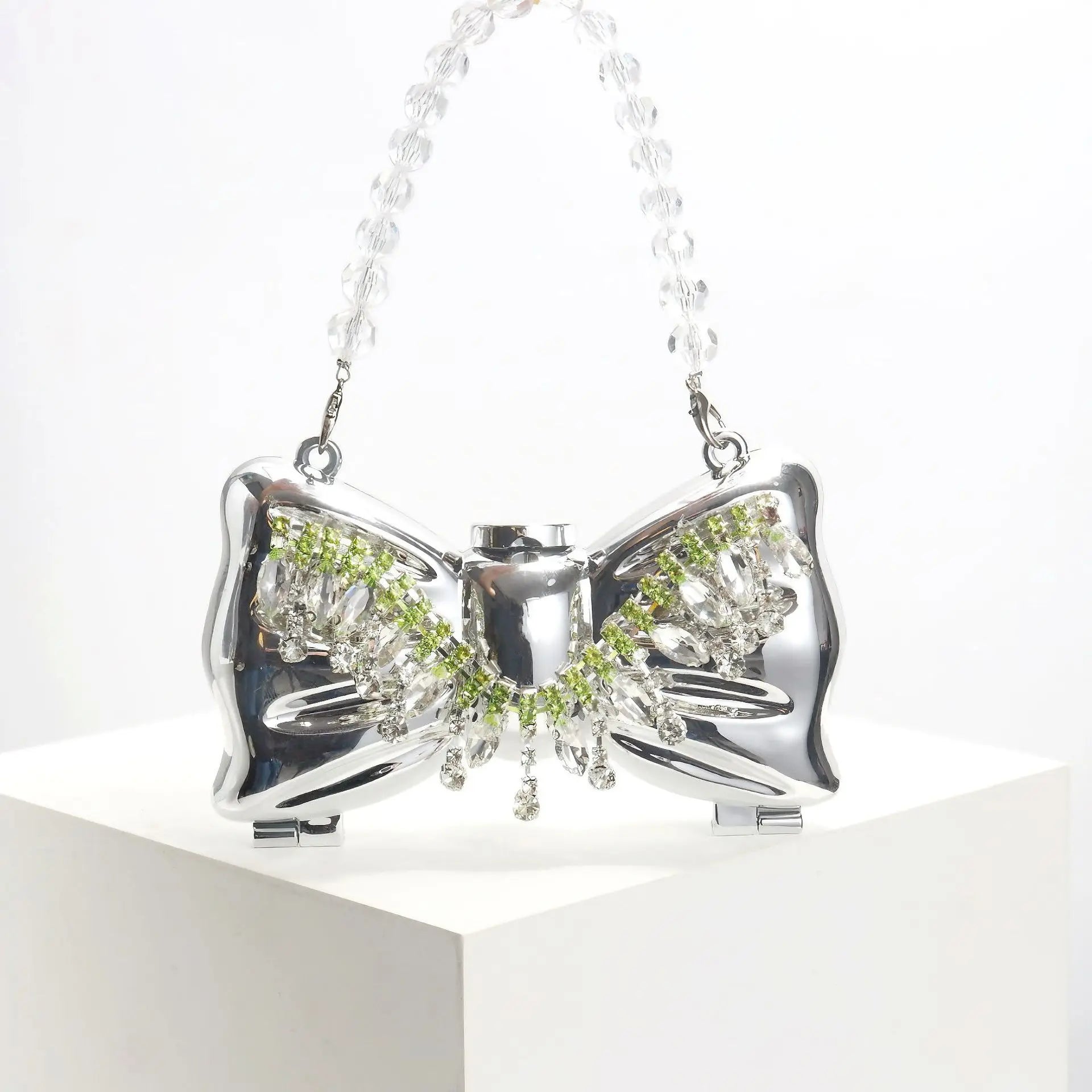 Luxury Mini Acrylic Bow Clutch – Metal Frame Crossbody Bag with European Chain Strap