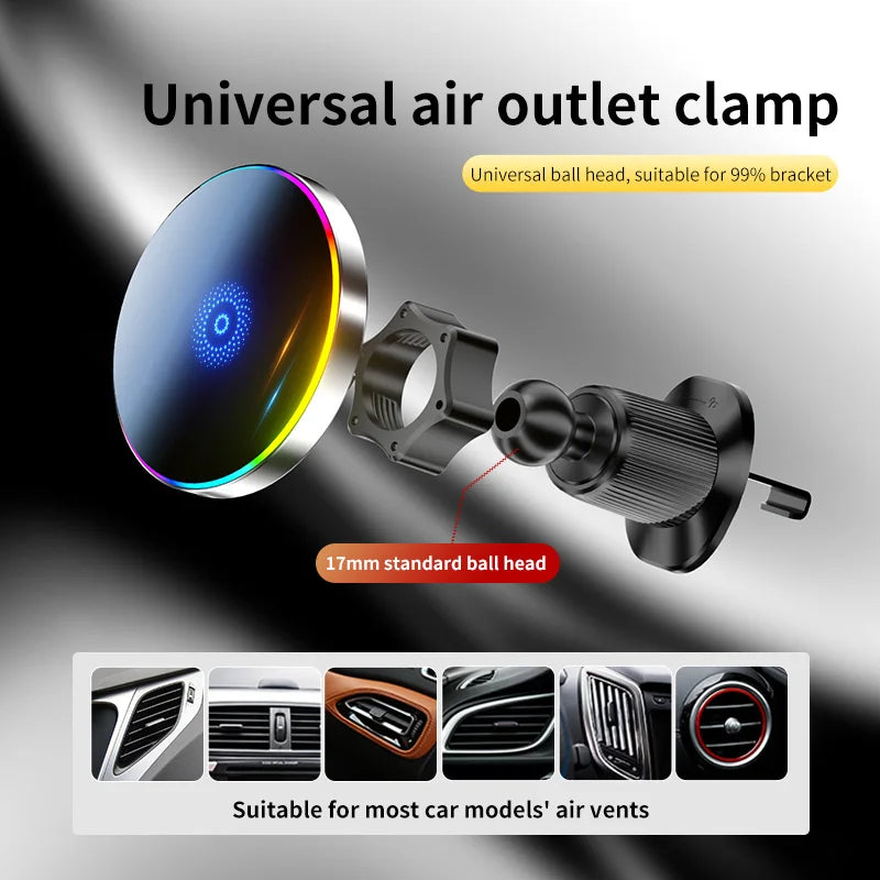 15W Magnetic Phone Holder Magnetic Wireless Car Charger Car Magnetic Mount RGB LED Lights Magsafe Charger Base Accessories Phone