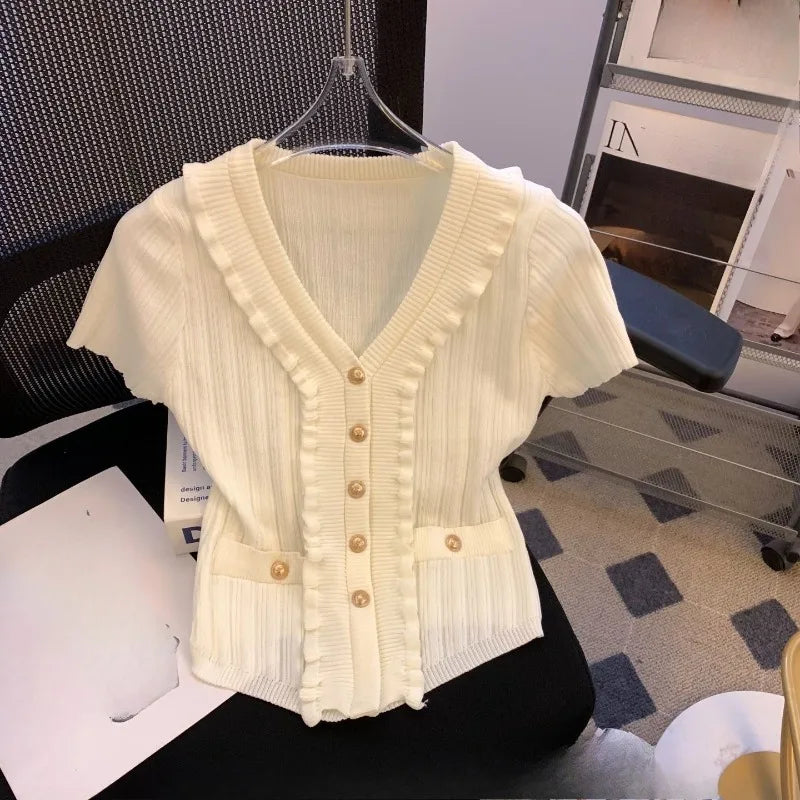 Elegant Ruffle Knit V-Neck T-Shirt