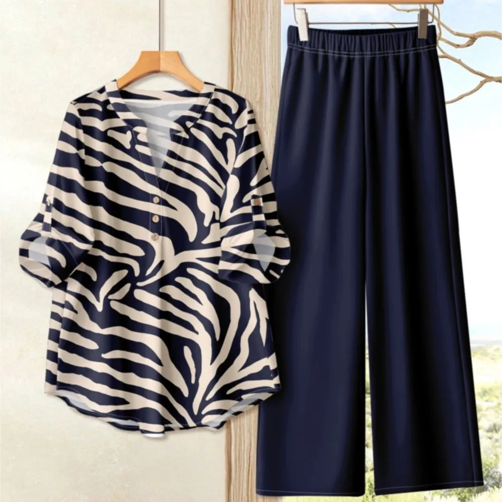 Chic Printed Short Sleeve Co-Ord Set – Women’s O-Neck Top & Wide Leg Pants Outfit