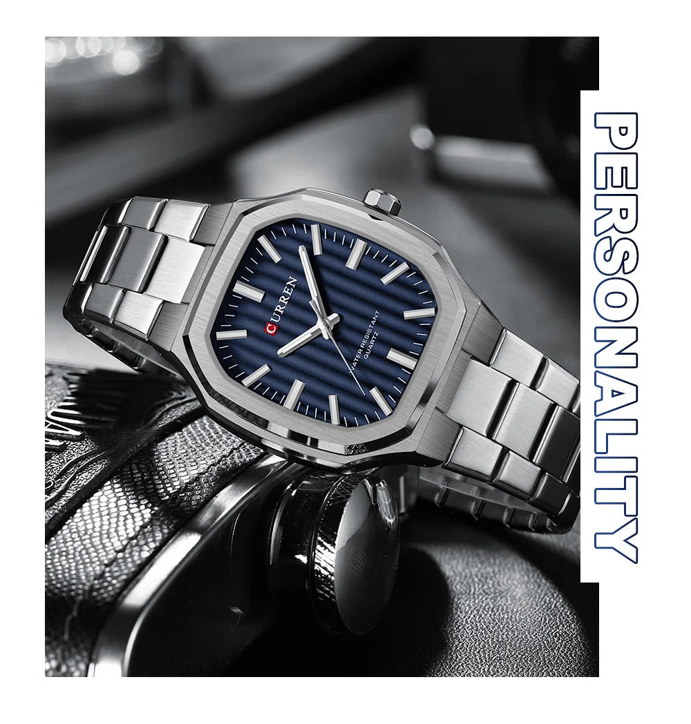 CURREN Luxury Business Square Quartz Watches  Classic Stripe Design Dial with Stainless Steel Band Wristwatch for Men