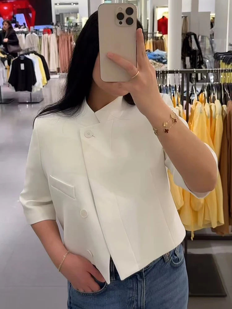Luxe Turtleneck Half Sleeve Blazer – Elegant Button Front Jacket for Women