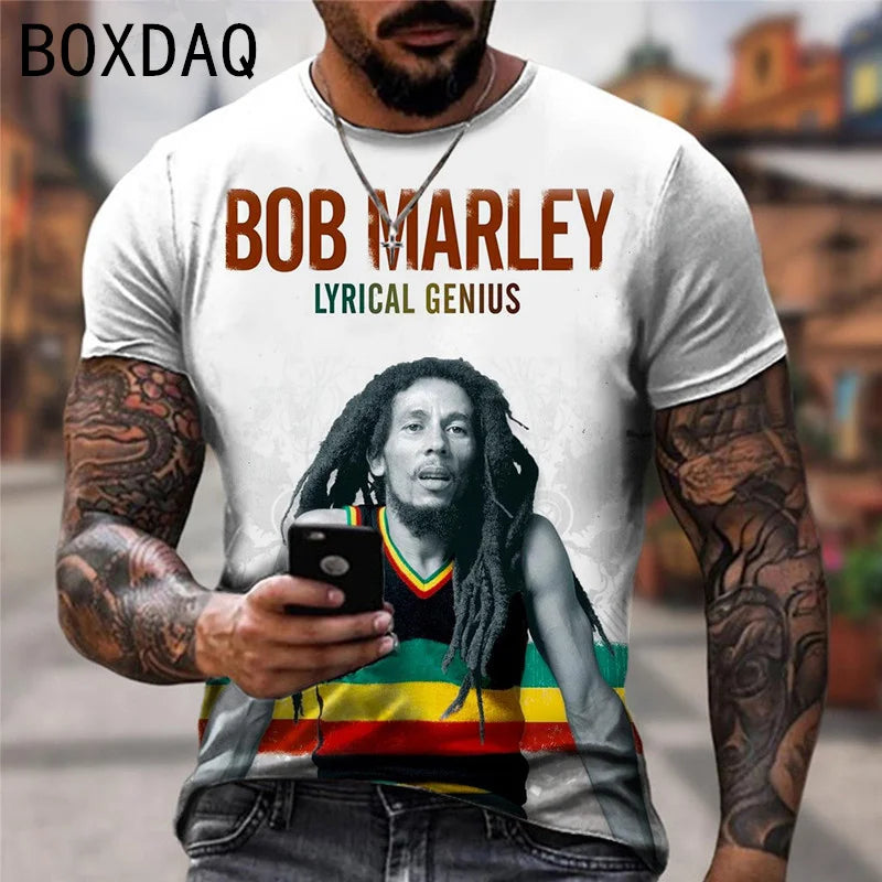 Oversized Men's T-shirt Cool Rock Bob Marley Print Tops Summer O-neck Short Sleeve Street Hip-hop Shirt Personality Men Clothing