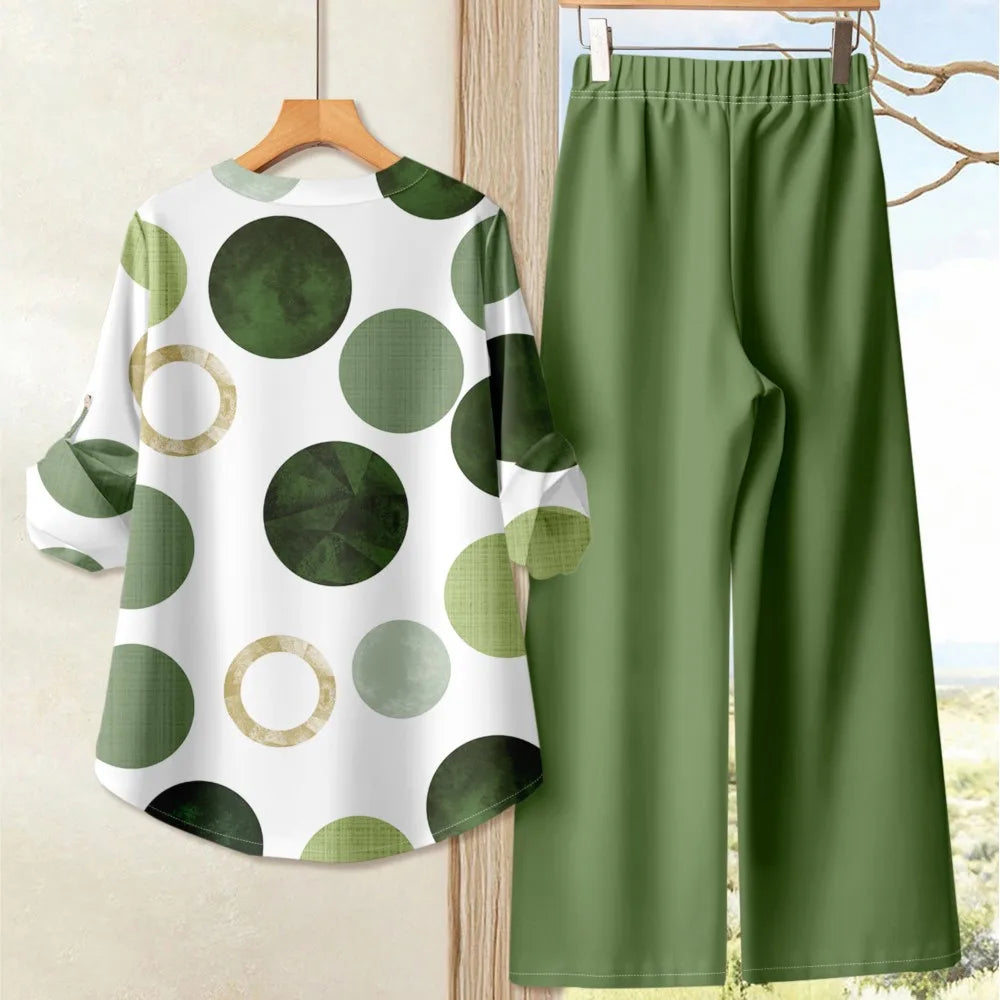 Chic Printed Short Sleeve Co-Ord Set – Women’s O-Neck Top & Wide Leg Pants Outfit