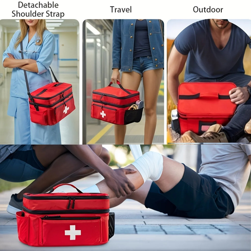 Double-layered Travel Medicine Storage Bag, Portable Emergency First Aid Kit, Large Capacity Front Pouch, Multiple Ways To Carry