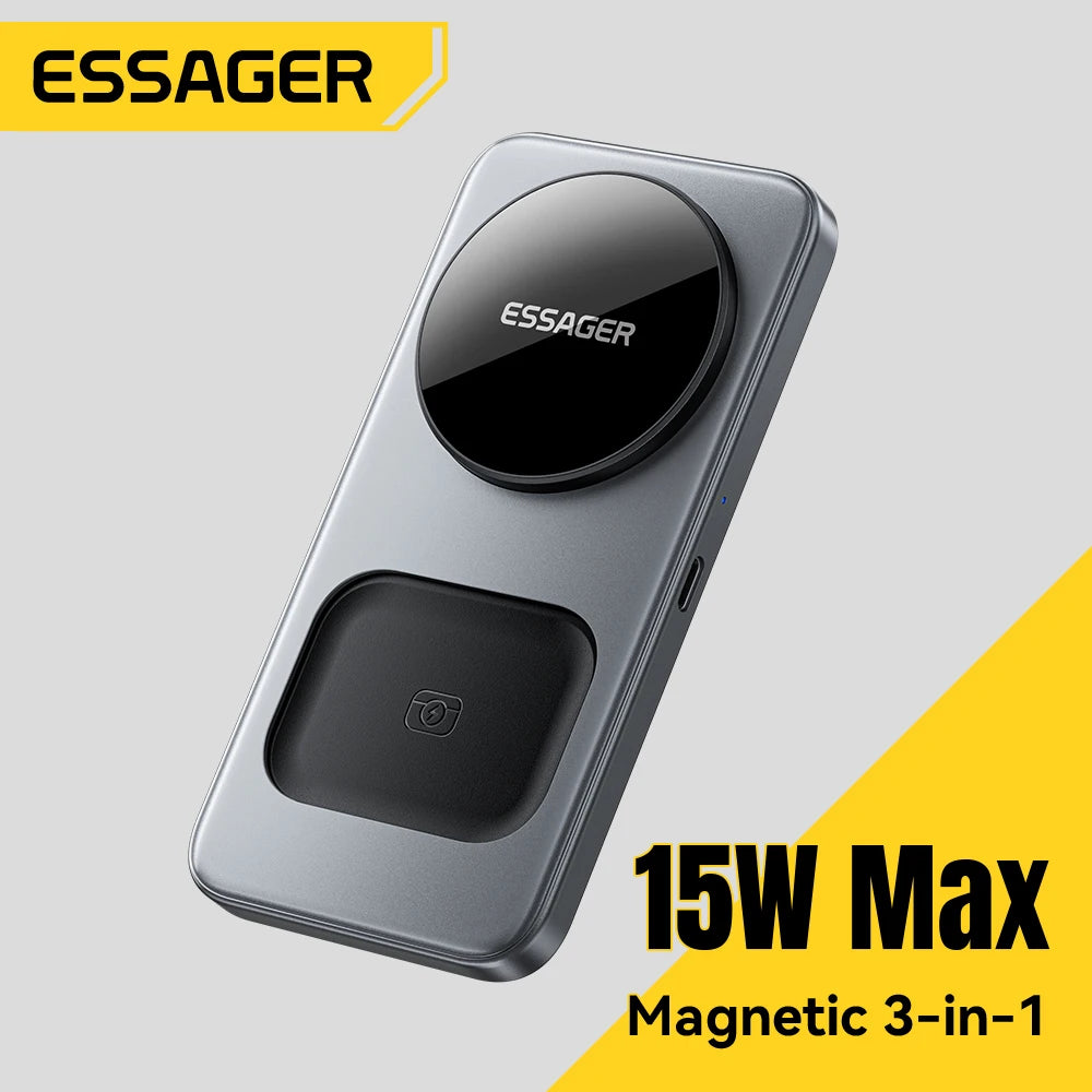 ESSAGER 15W 3-in-1 Magnetic Wireless Charging Station Foldable Charger Stand for iPhone AirPods Watch Phone Holder Fast Charger