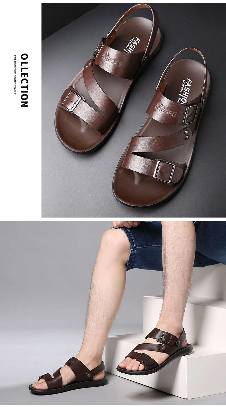Fashion Sandals Male Solid Color PU Leather Men Shoes Summer Comfortable Open Toe Leather Mens Sandals Beach Leather Footwear