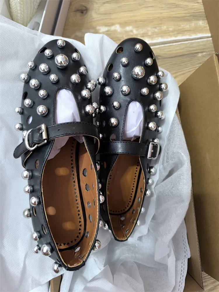 Luxury Black Pearl Round Head Buckle Ballet Sandals Summer Autumn Metal Hollow Commuting Casual Mary Jane Single Shoe Size 45