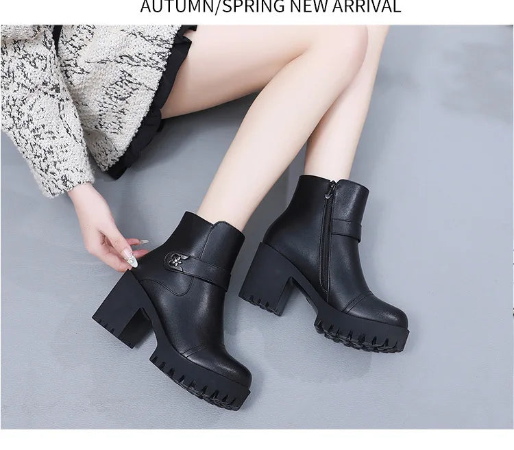 8cm Small Size 32-43 Thick Bottom Motorcycle Boots Women Shoes Winter 2026 Block High Heels Soft Leather Ankle Boots Office Mom