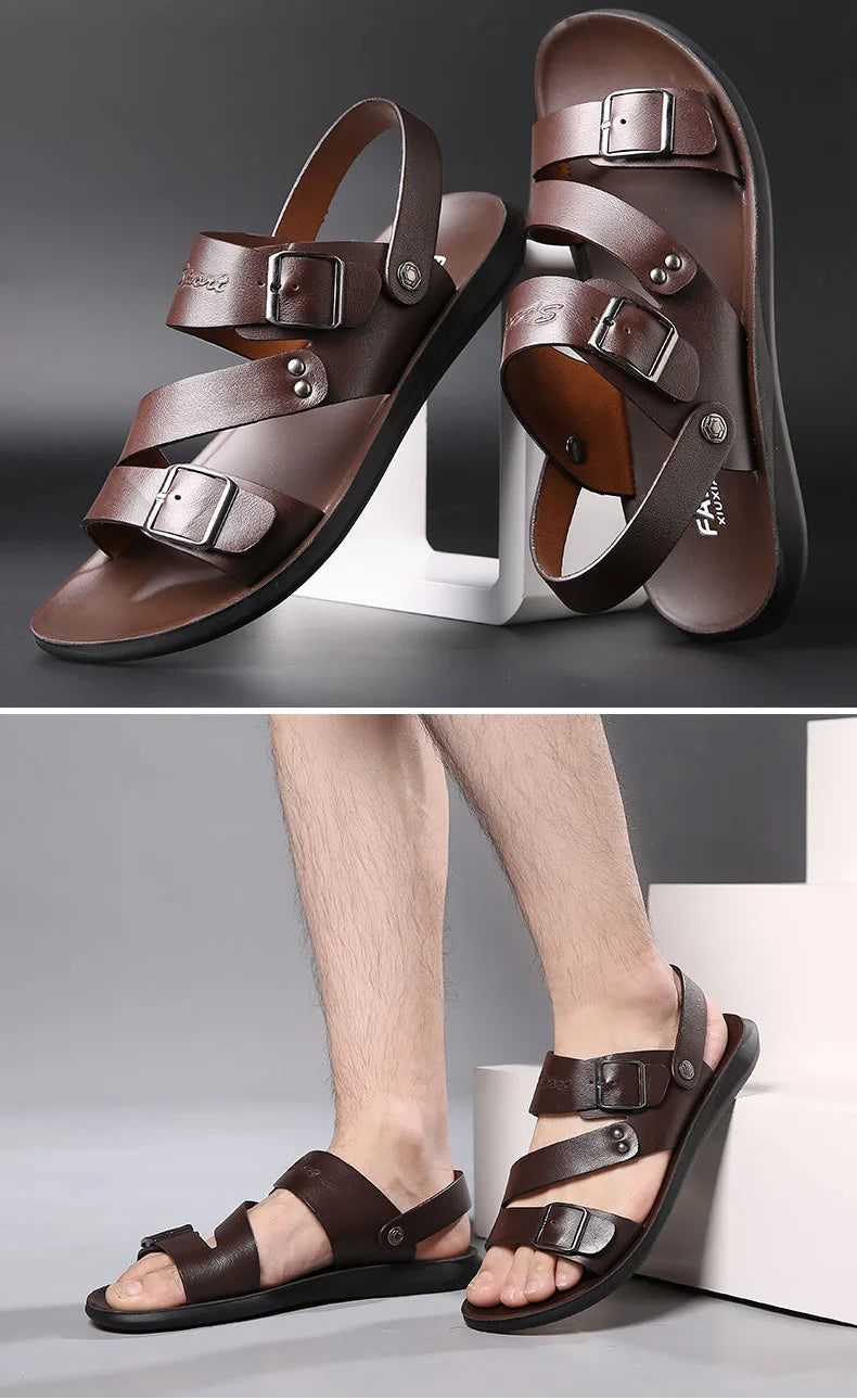 Fashion Sandals Male Solid Color PU Leather Men Shoes Summer Comfortable Open Toe Leather Mens Sandals Beach Leather Footwear