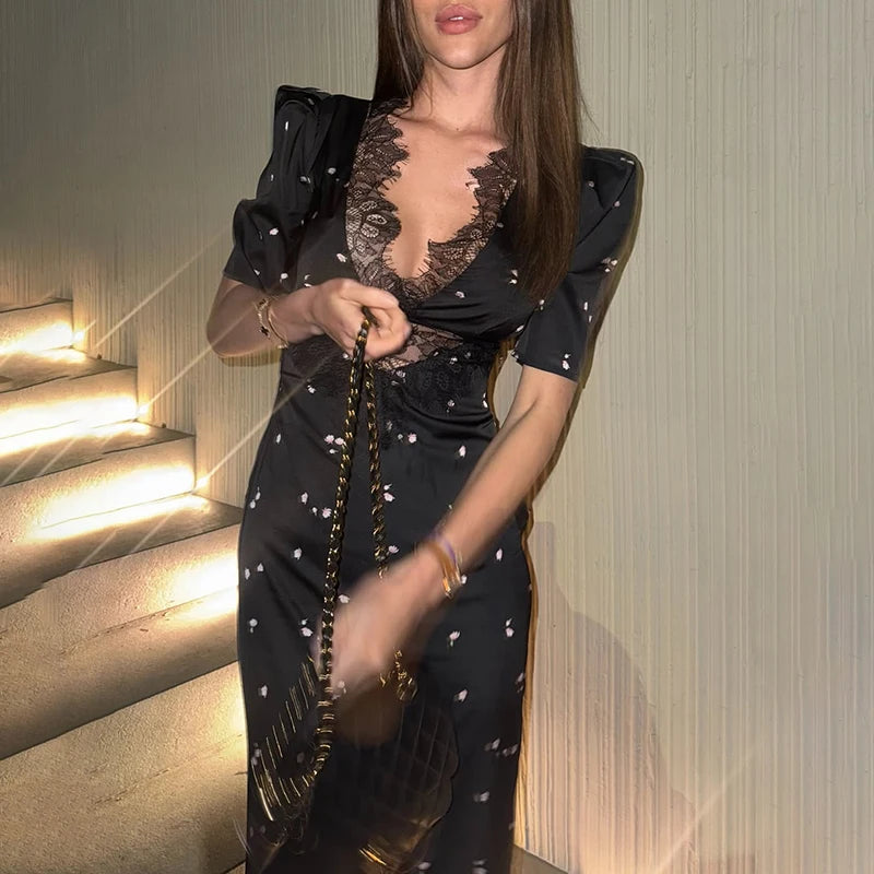 Sexy Hollow Lace Dress Women's Fashion Short Sleeve Elegant High Waist Slim Print Dress Summer Party Club Clothes Female 2026