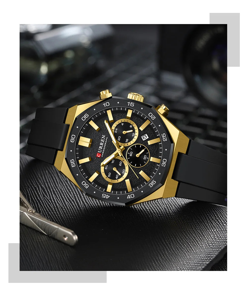 CURREN Fashion Casual Men Sports Watch Chronograph Silicone Belt Auto Date Dial Quartz Wristwatch Male Reloj Relogio Masculino