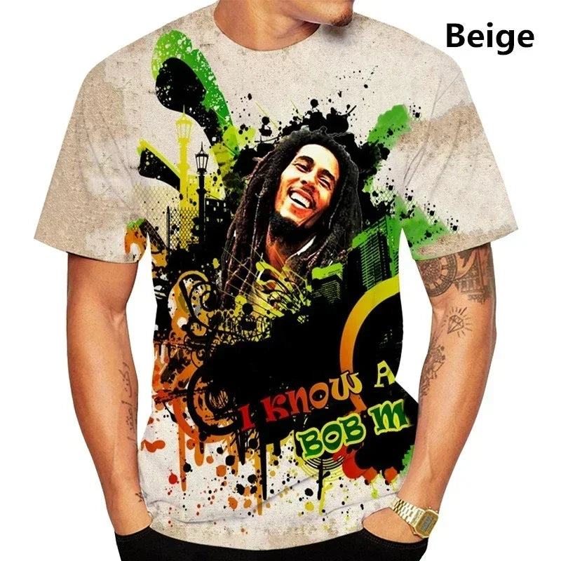 Bob Marley Men's Fashion Trends for Summer 2025:3D Printed T-shirts, Reggae Hip-hop Casual Short-sleeved Printed Casual T-shirts