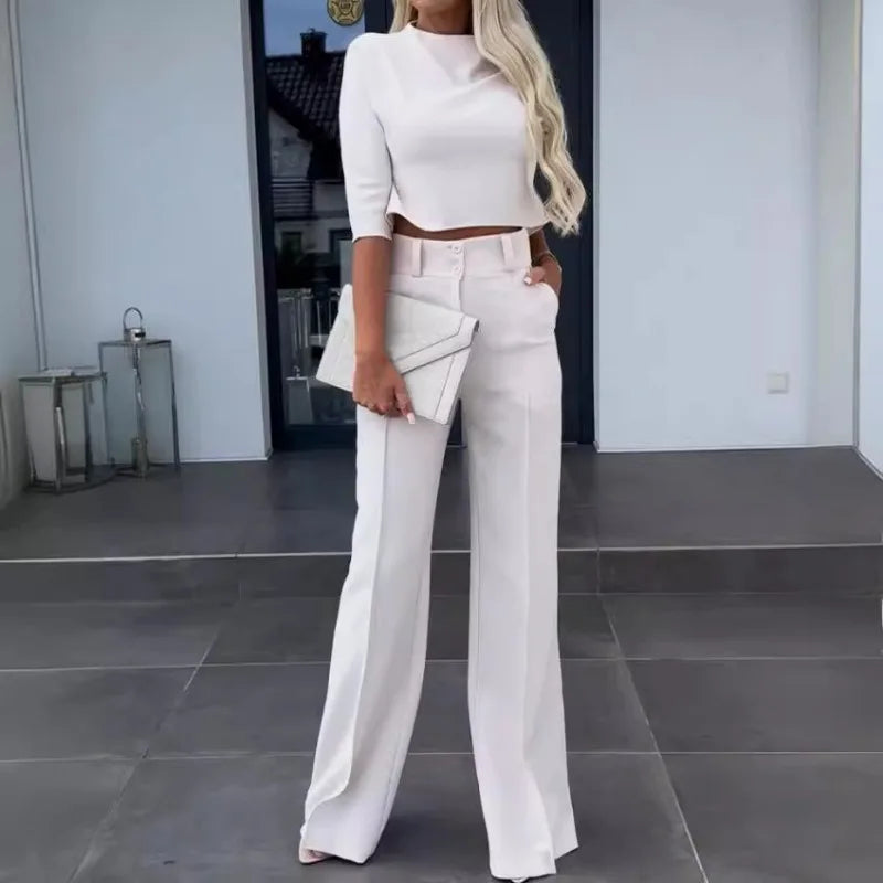 Modern Relaxed Two-Piece Suit – Casual Loose Fit O-Neck Top & Wide Leg Pants Set