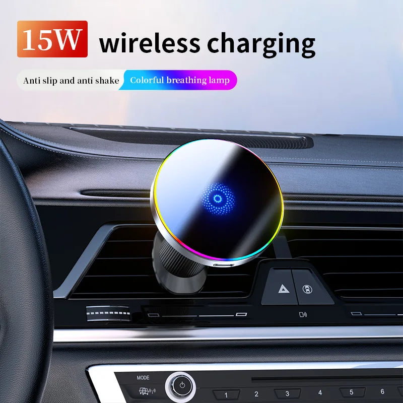 15W Magnetic Phone Holder Magnetic Wireless Car Charger Car Magnetic Mount RGB LED Lights Magsafe Charger Base Accessories Phone