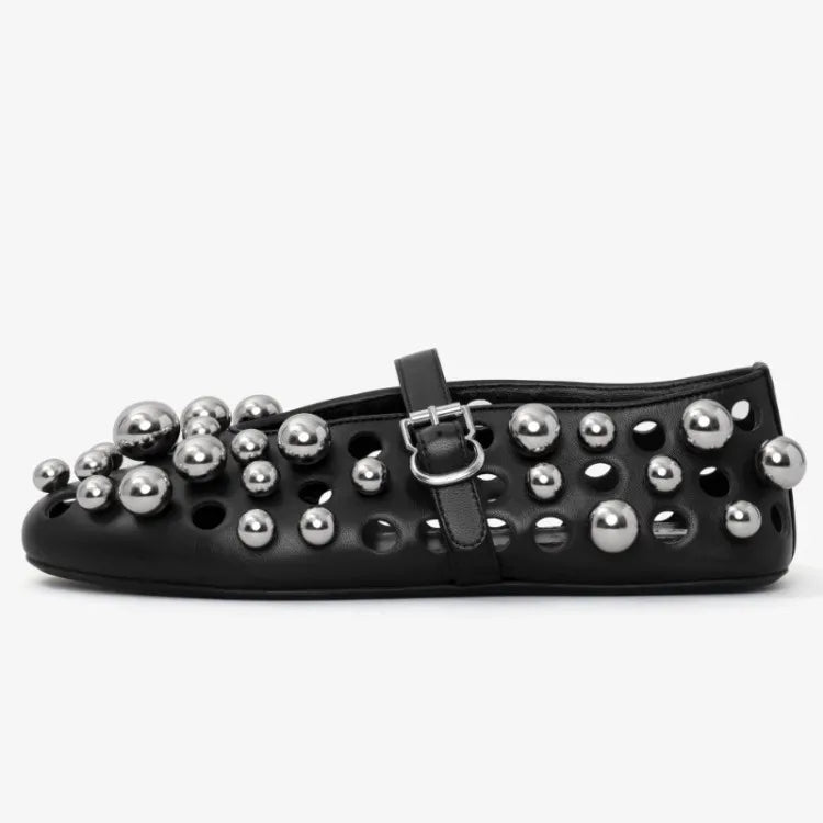 Luxury Black Pearl Round Head Buckle Ballet Sandals Summer Autumn Metal Hollow Commuting Casual Mary Jane Single Shoe Size 45