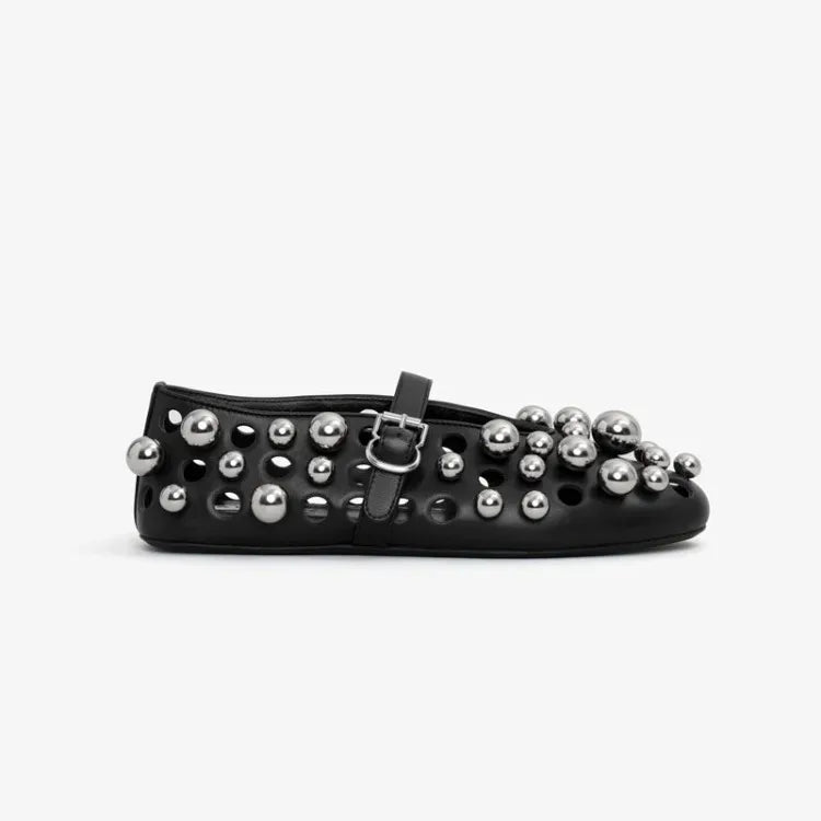 Luxury Black Pearl Round Head Buckle Ballet Sandals Summer Autumn Metal Hollow Commuting Casual Mary Jane Single Shoe Size 45