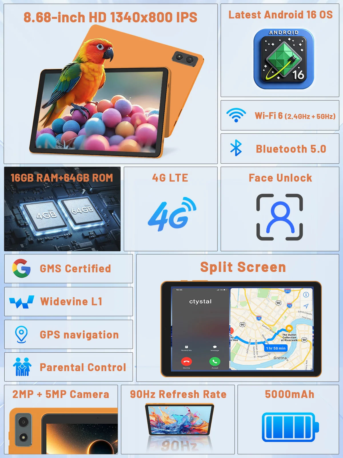 Paitanry 4G LTE 8.68" Android 16 Tablet 16GB RAM+64GB ROM 1TB Expand Octa Core T616 5000mAh 90Hz WiFi 6 Bluetooth 5.0 Tablet PC