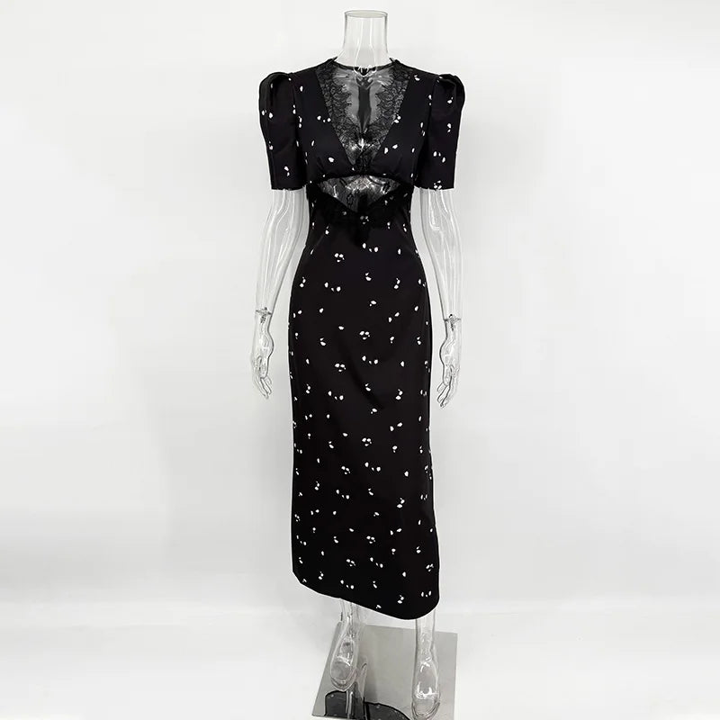 Sexy Hollow Lace Dress Women's Fashion Short Sleeve Elegant High Waist Slim Print Dress Summer Party Club Clothes Female 2026