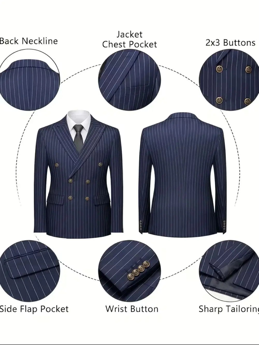 Men's Navy Blue Striped Double Breasted Blazer, Peaked Lapel Slim Fit Single Suit Jacket, Business Office Formal Wear